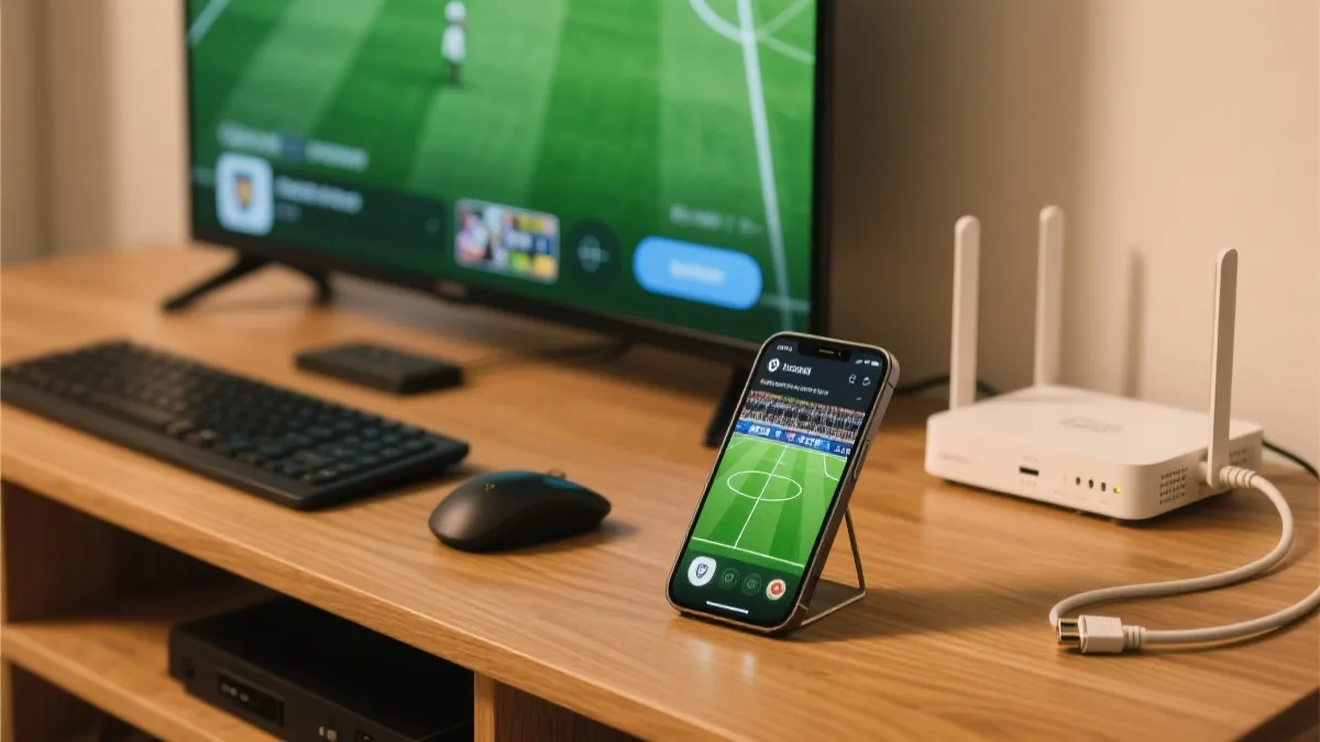 手机与智能电视屏幕上显示足球直播界面，旁边有路由器与网线，强调稳定与安全