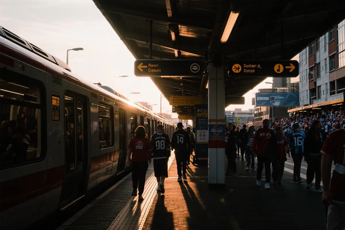 比赛日城市公共交通与球迷步行流线示意的旅行规划视觉